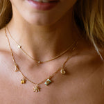 Close-up of a woman wearing a gold necklace with pendant