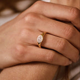 A close-up lifestyle shot of a person's hand resting on their arm, wearing a delicate gold ring with a round bezel-set white gemstone.