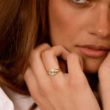 A close-up lifestyle shot of a woman wearing a delicate gold ring with a central oval-cut clear gemstone on her finger.