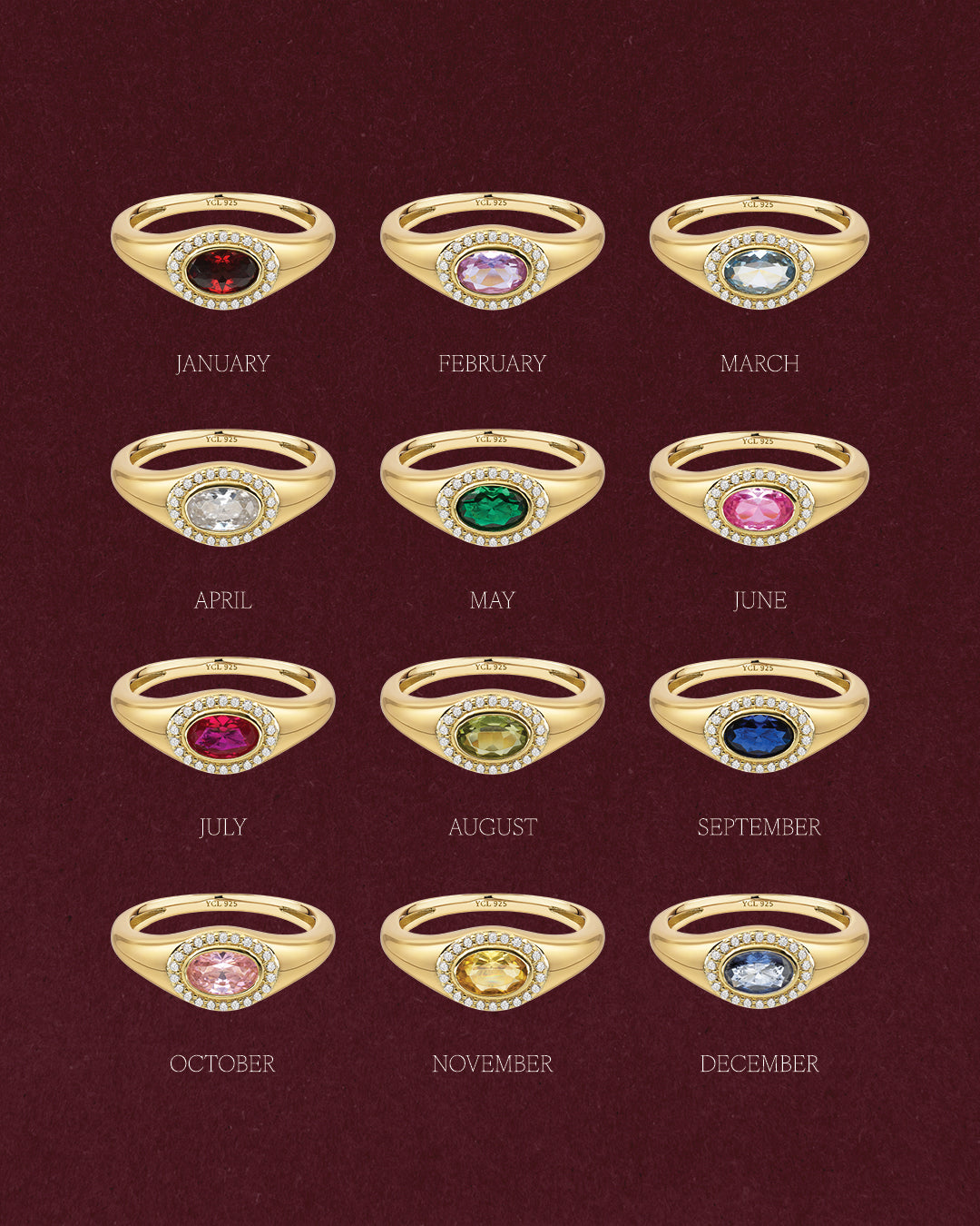 Birthstone Signet Rings by month, January to December