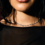 Close-up of a person wearing a blue evil eye tennis necklace