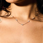 Close-up of a woman wearing a delicate necklace with clear evil eye pendants 