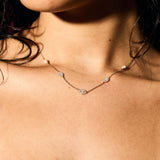 Close-up of a woman wearing a delicate necklace with clear evil eye pendants 