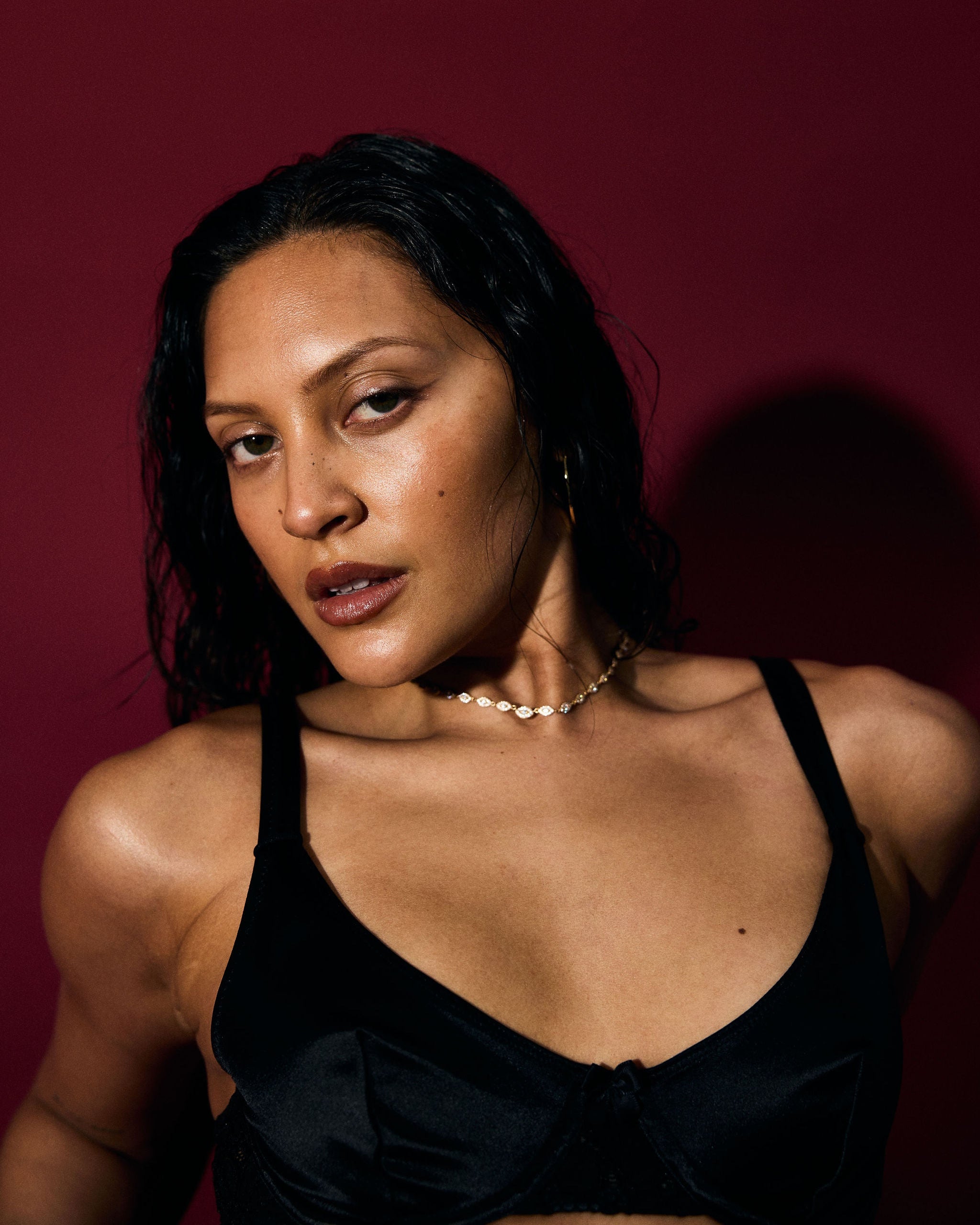 Woman wearing a Clear Evil Eye Tennis Necklace 