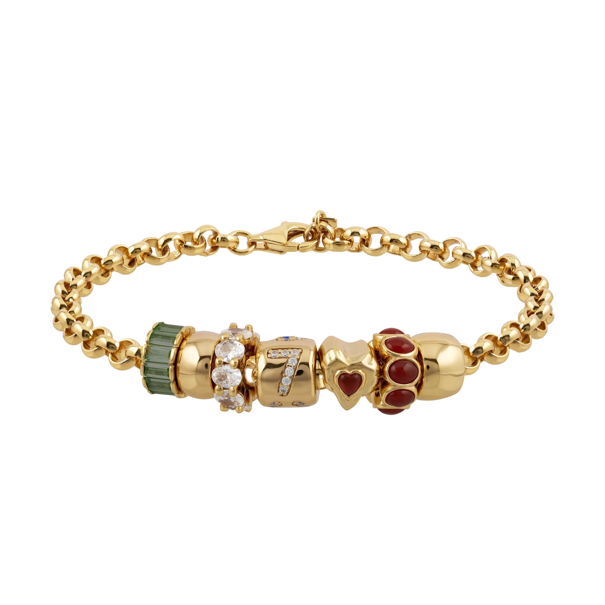 Gold bracelet with various colored beads on a white background