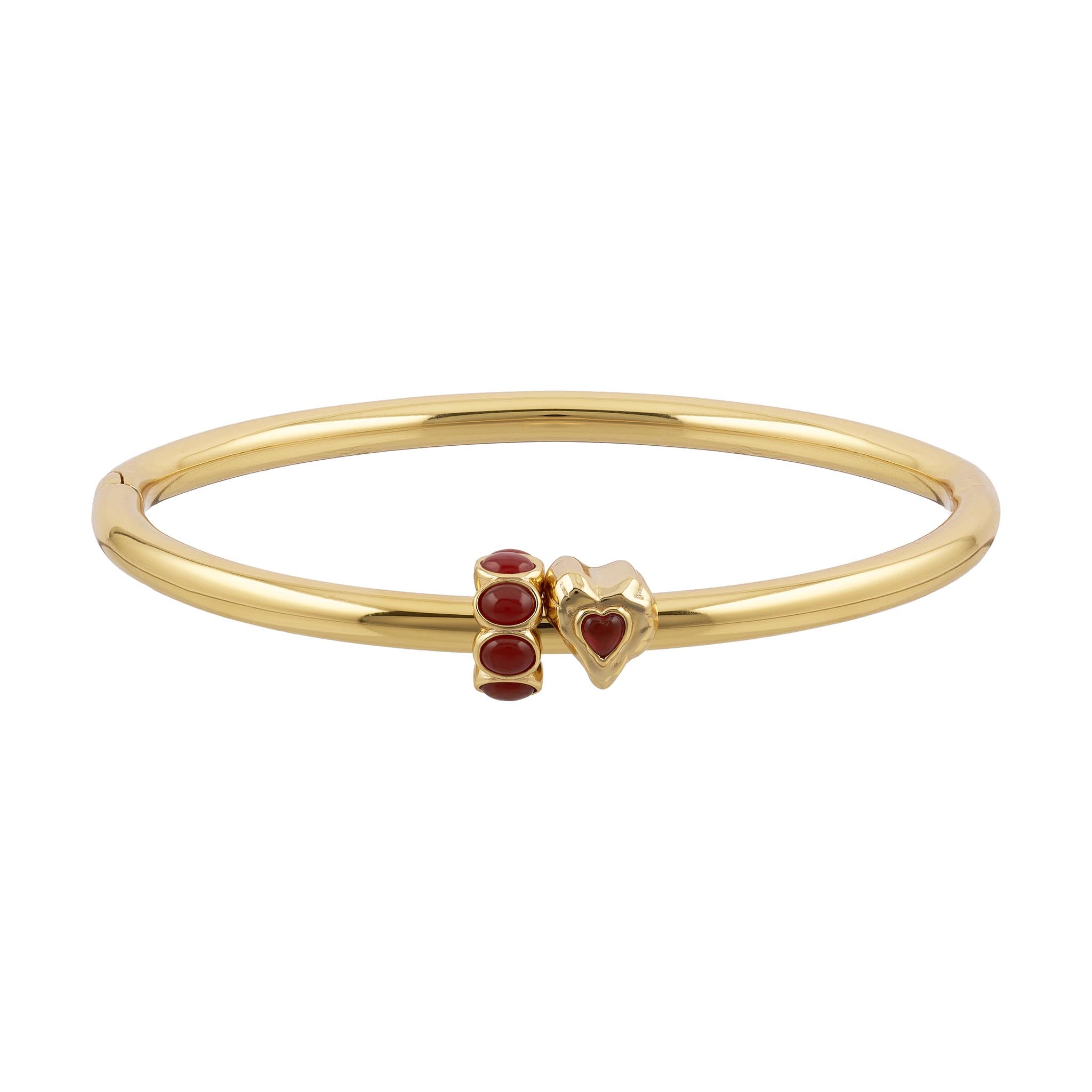 Gold bracelet with red heart-shaped charms on a white background