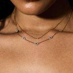 Close-up of a person wearing layered necklaces with eye-shaped pendants.