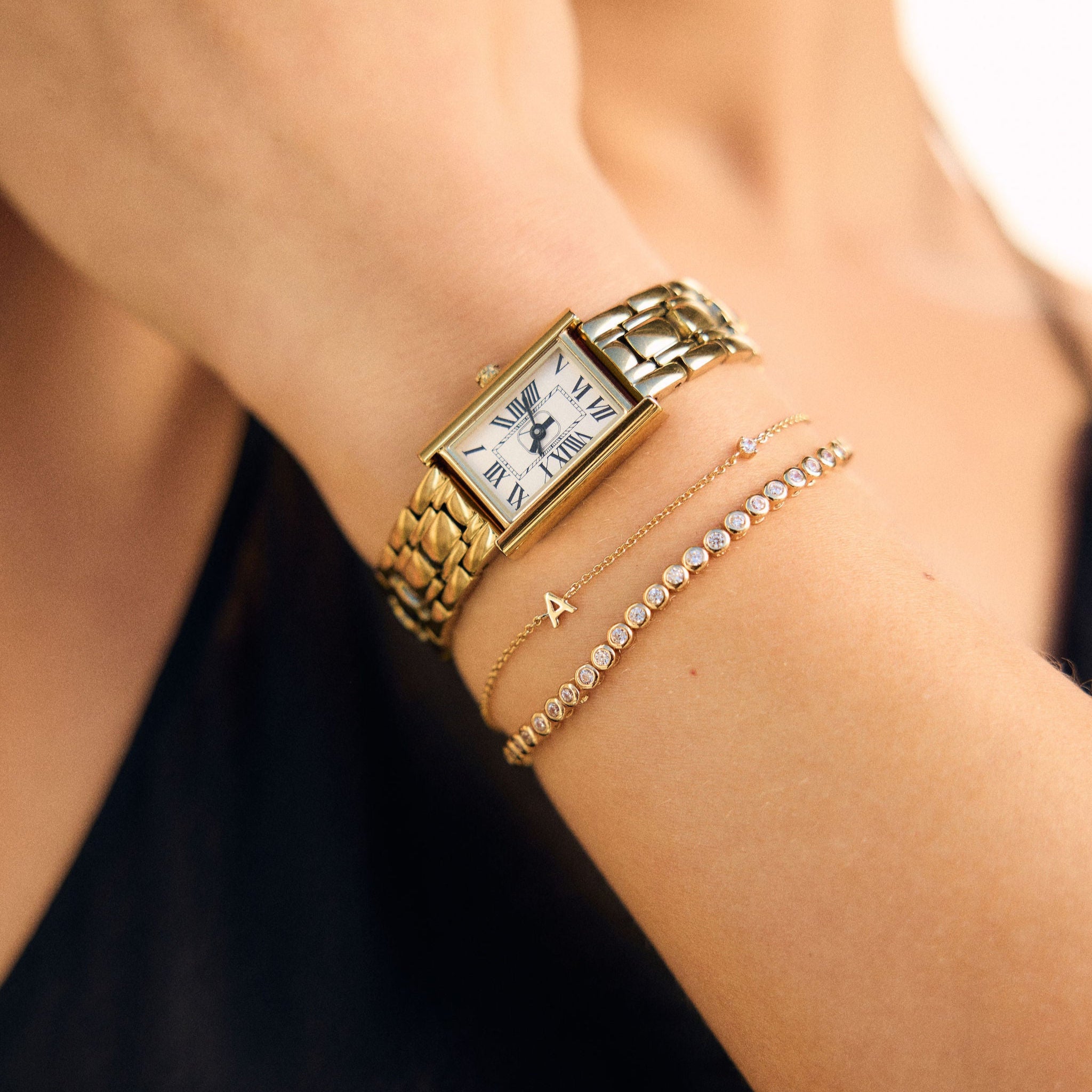 Gold watch and Fine Letter and Tennis Bracelets