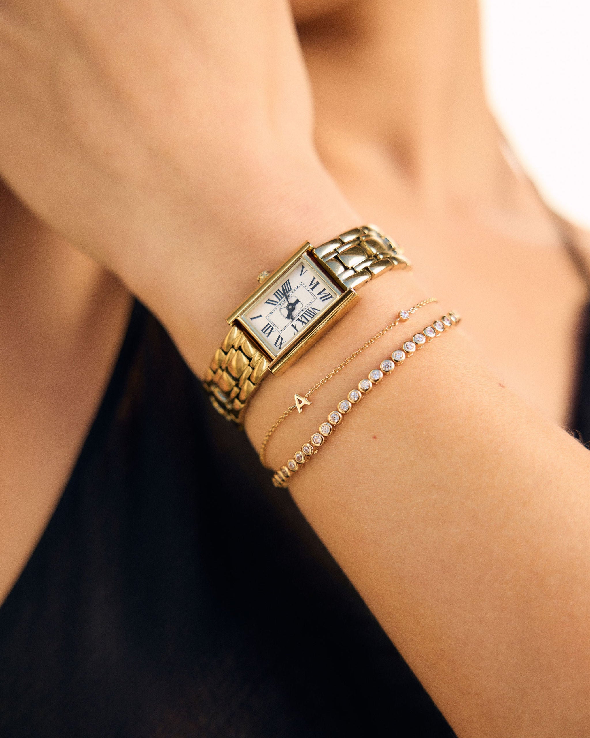 Gold watch and Fine Letter and Tennis Bracelets