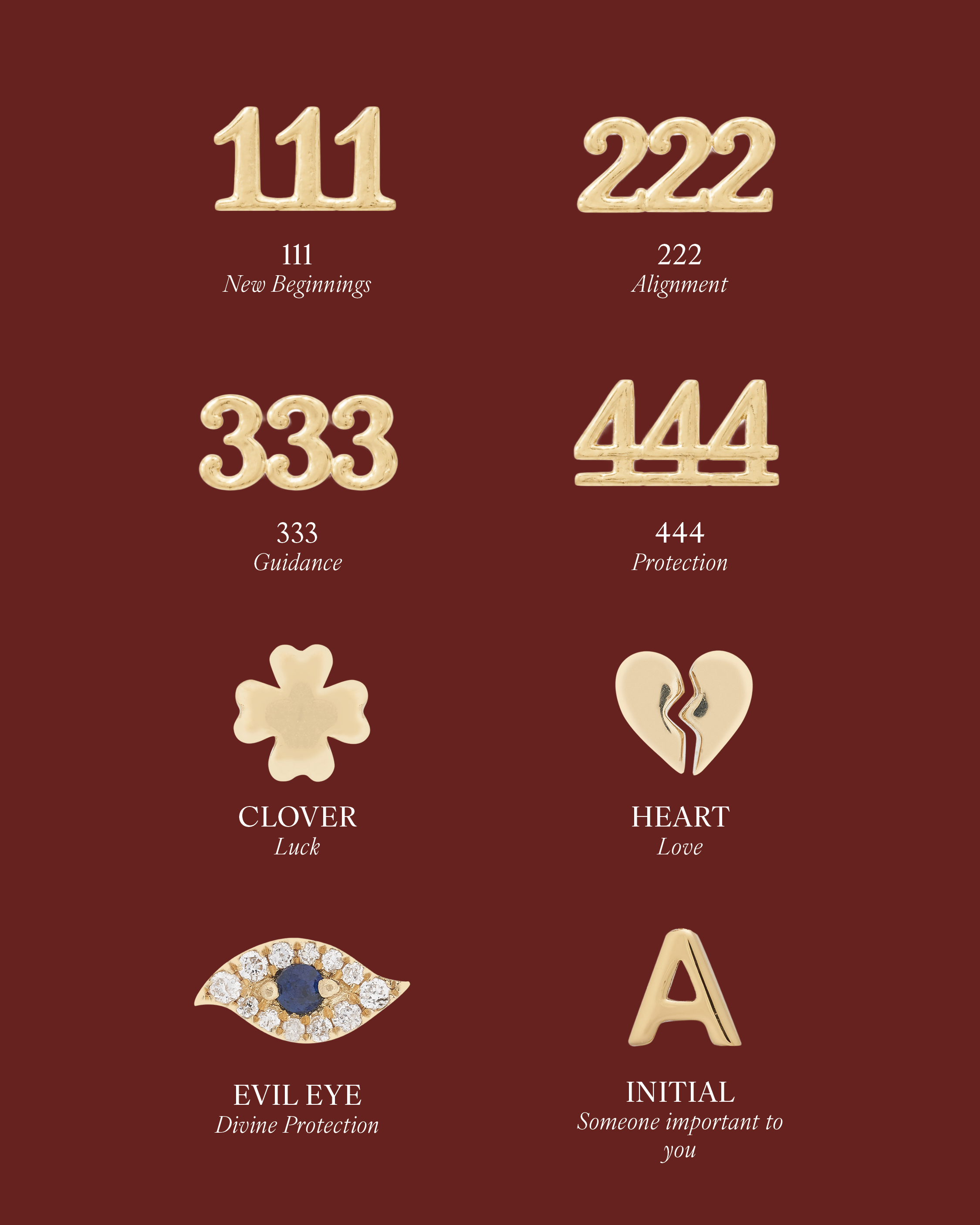 Solid Gold Bead meanings: 111 New Beginnings, 222 Alignment, 333 Guidance, 444 Protection, Clover Luck, Heart Love, Evil Eye Divine Protection, Initial Someone important to you