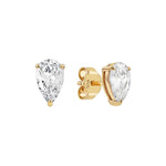 Gold earrings with pear-shaped clear gemstones on a white background