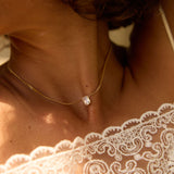 Close-up of a person wearing a gold necklace with a diamond pendant, focusing on the jewelry.