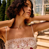 Woman wearing a polka dot dress with lace details outdoors.