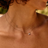 Close-up of a person wearing a delicate necklace with small pendants.