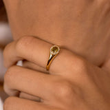 Close-up of hands wearing gold rings, including a ring with a round yellow gemstone and another with a dark oval gemstone, on warm skin tones.