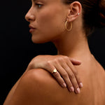 Woman with gold hoop earrings and ring on a black background